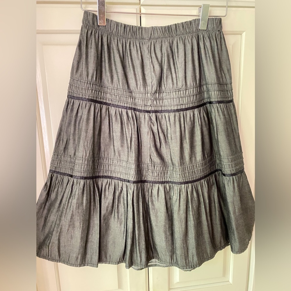 elastic waist tiers Skirt a-line cotton Pull on Grey Waist 26in - 34in